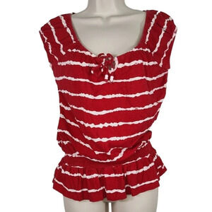 Almost Famous Red White Striped Top Women Size L Scoop Neck Sleeveless Smocked